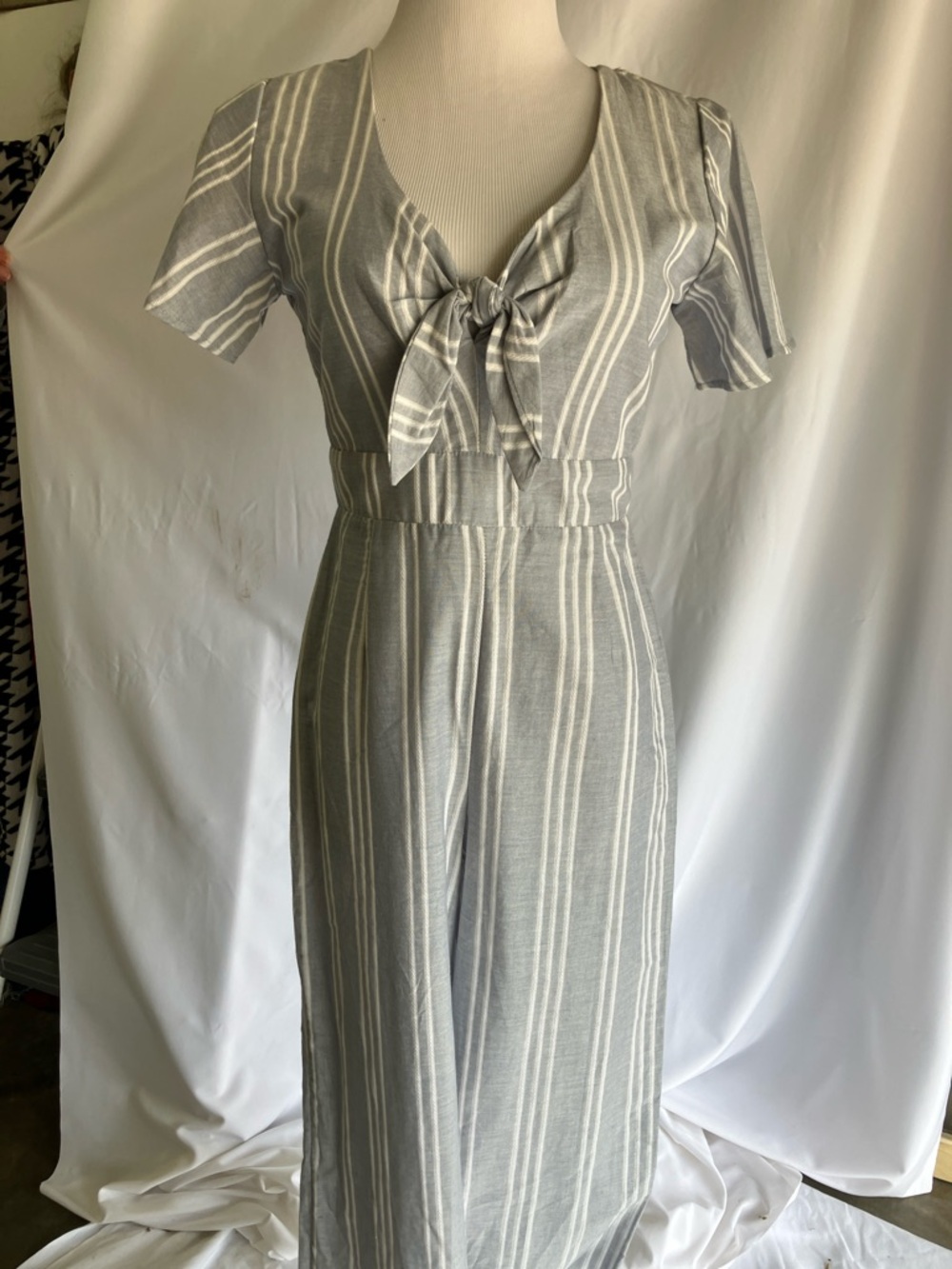 Tie-Front Striped Ankle Jumpsuit - Light Gray/White